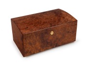 HARROD & FORE vintage wristwatch case, beautifully crafted in amboyna with domed top and fitted interior, 20th century, bearing maker's plaque "HARROD & FORE BOX MAKERS", ​​​​​​​19cm high, 37cm wide, 23cm deep.