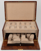 HARROD & FORE vintage wristwatch case, beautifully crafted in amboyna with domed top and fitted interior, 20th century, bearing maker's plaque "HARROD & FORE BOX MAKERS", ​​​​​​​19cm high, 37cm wide, 23cm deep. - 2