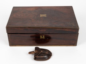 An antique English rosewood writing box (as is condition, interior slope removed); together with a leather belt pouch, (2 items), the box 35cm wide.