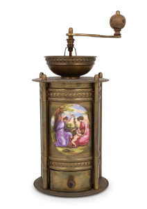 An antique Austrian brass coffee grinder adorned with hand-painted porcelain panel, 19th/20th century, ​​​​​​​36cm high overall.