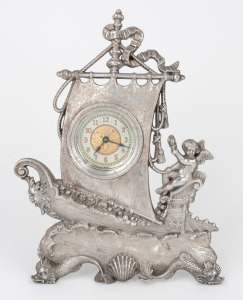 ANSONIA antique American table clock in silver finished cast metal case with time only movement, 19th/20th century, 22.5cm high.