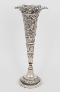 A Burmese silver trumpet shaped vase with pierced rim and engraved decoration, 23.5cm high, 175 grams. - 2