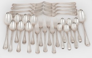 Assorted antique English sterling silver flatware, mid 19th century, (32 items), comprising of tablespoons, dessert spoons, teaspoons and forks, 1,810 grams total.