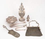 English sterling silver sugar caster, pepper pot, pierced dish and sugar tongs (215 grams); together with a silver plated mesh purse, Christofle French silver plated ice tongs, and an Italian silver cake slice (95 grams), (7 items),