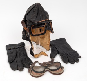 Aviation leather flying cap, pair of leather gloves and two pairs of goggles (one missing lenses), early 20th century.