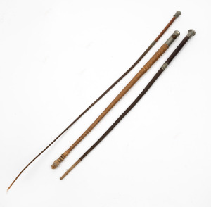 Three antique riding crops in as is condition, 19th century.