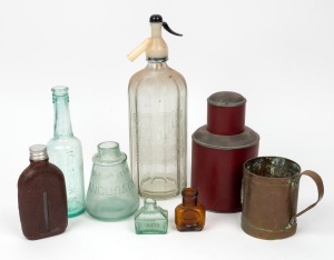 Vintage and antique glass bottles, soda siphon, whisky flask, Chinese pewter tea canister and a user-made Trench Art WWI period brass tankard with George Rex cypher, 19th and 20th century, (8 items), the siphon 33cm high.