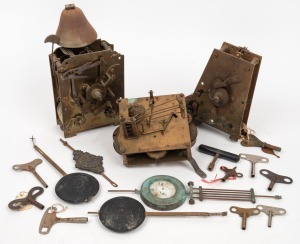 CLOCK MOVEMENTS AND PARTS FOR THE RESTORER: Two antique fusee clock movements, English three train clock movement; together with assorted pendulums, keys and parts, (qty).
