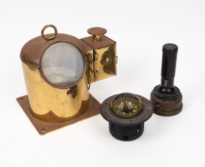 A WWI period hand-compass; together with a vintage boat compass in copper and brass case and a modern wet compass, 20th century, (3 items), the hand compass 19cm high, 10cm diameter.