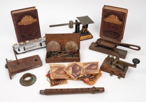 Antique scales, morse-code device, tobacco cutter, tramways coin holder, gold scales in box, antique door lock and key and two Workshop recipe books etc., 19th and 20th century, (qty).