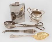 Silver plated jug, berry spoon, serving tongs, cheese knife and hip flask, 20th century, (5 items).