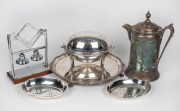 Antique silver plated hot water jug, dome top warmer, serving tray and Masonic bells, 19th and 20th century, (4 items), the jug 36cm high.