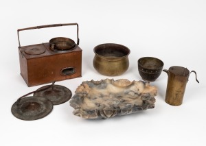 A Chinese carved soapstone brush washer, bronze hand cymbals, rabbit glue pots, bronze bowl and an Indo-Persian bowl, 19th and 20th century, (6 items), the brush washer 31cm wide.