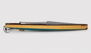 "AEROBOAT II" BOWMAN SPEEDBOAT vintage English made model boat with elastic band propulsion, in original timber crate with papers, circa 1930s, 79cm long.