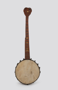 An antique five string banjo, 19th century, 80cm long overall, with a 10 inch drum head.