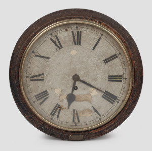 An antique English chain fusee wall clock in mahogany case and 12" dial, 19th century. Note: A good restorer's piece. 38cm high overall.