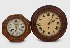 Two antique American wall clocks in timber cases, 19th/20th century, the larger 30cm diameter.