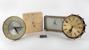 SCHATZ German bedside clock with floating balance wheel escapement, ting tang gong strike on the hour and the half hour; together with a battery powered SMITHS wall clock and two electric wall clocks, 20th century, (4 items), the Schatz clock 14cm high.