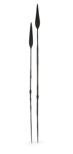 Two tribal spears, wrought steel, carved wood and leather, most likely Masai tribe, African origin, 157cm and 184cm long.