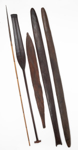 Tribal paddle, two clubs, arrow, carved stool and spear thrower, unknown age and origins, (6 items), 128cm long.