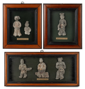 A group of five antique Chinese ceramic architectural figures of acrobats, Yuan Dynasty (1271-1368), housed in three separate frames, the largest 26 x 56cm overall.