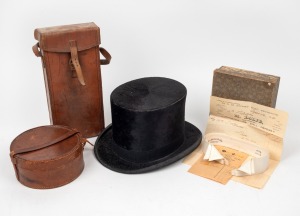 An antique top hat; together with a boxed set of antique collars with original purchase receipts, a leather collar box and a leather instrument case, 19th/20th century, (4 items).