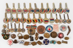 A collection of assorted WWI period patriotic Capstan Cigarettes lapel badges, buttons and badges, an unusually large selection showing the allies including Belgium, Serbia, Australia and Great Britain. Rare in such quantities. Also includes a selection o