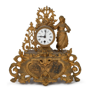 An antique French mantle clock with figural gilt spelter case and time only movement, 19th century, 37cm high.