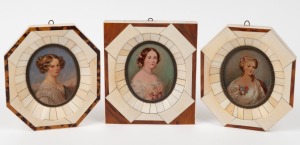 Three vintage hand-painted miniature portraits of ladies, each housed in an attractive piano ivory and tortoiseshell frame, 20th century, ​​​​​​​the largest 15 x 12.5cm overall.