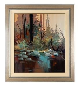 JEAN (JOHN) SINDELAR (1941-2012), Forest Lagoon, acrylic on board, signed lower right "Sindelar", titled verso, 72 x 62cm, 75 x 85cm overall.