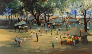 JEAN (JOHN) SINDELAR (1941-2012), Sunday Market, acrylic on board, signed lower right "Sindelar", titled verso, 55 x 90cm, 67 x 103cm overall.