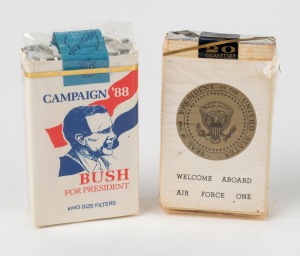 AIR FORCE ONE: Lyndon B. Johnson administration sealed pack of twenty cigarettes with text "Welcome Aboard Air Force One", together with sealed 1988 "Bush For President" pack of twenty. (2 items)