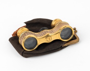 Goerz Unipont Luxus gold-plated opera glasses with snakeskin covering in leather purse, c. 1910s.