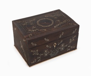 An antique Indo-Persian ebony jewellery box inlaid with ivory and bone, 19th century, 11cm high, 19cm wide, 13cm deep.