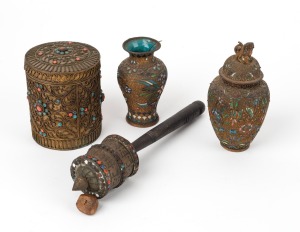Tibetan and Himalayan prayer wheel, vase and jars, 19th and 20th century, (4 items), the largest 21.5cm high.