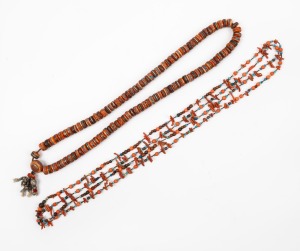 Two coral and turquoise bead necklaces, Himalayan origin, 20th century, the larger 180cm long.