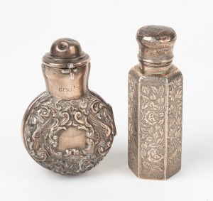 An antique English sterling silver hexagonal scent bottle with oriental style engraving; together with an attractive sterling silver bi-fold scent bottle case with original green glass scent bottle, 19th century, (2 items), the larger 8.5cm high.