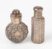 An antique English sterling silver hexagonal scent bottle with oriental style engraving; together with an attractive sterling silver bi-fold scent bottle case with original green glass scent bottle, 19th century, (2 items), the larger 8.5cm high.