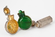 An antique English sterling silver hexagonal scent bottle with oriental style engraving; together with an attractive sterling silver bi-fold scent bottle case with original green glass scent bottle, 19th century, (2 items), the larger 8.5cm high. - 2