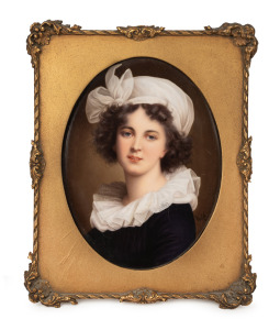 K.P.M. (attributed) antique porcelain plaque with hand-painted portrait of a lady, housed in an attractive antique gilt frame with easel back, 19th century, ​​​​​​​28 x 23cm overall.