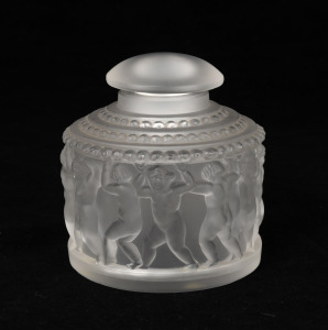 LALIQUE French frosted glass perfume flagon, adorned with a putti processional frieze, engraved "Lalique, France", 9.5cm high.