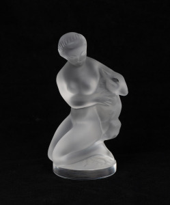 LALIQUE French frosted glass statue of a kneeling nude with deer, engraved "Lalique, France" with original paper label, 10cm high.
