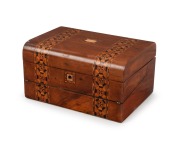 An antique English walnut sewing box lap desk with Tunbridge style banding. Interior handsomely fitted with compartments in original blue silk housing antique portrait photographs, 19th century, 17cm high, 31cm wide, 23cm deep. - 2