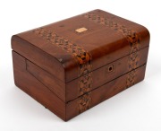An antique English walnut sewing box lap desk with Tunbridge style banding. Interior handsomely fitted with compartments in original blue silk housing antique portrait photographs, 19th century, 17cm high, 31cm wide, 23cm deep. - 5