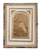 A rare ephemeral sewing box with a carte-de-visite portrait of Queen Victoria to the top, interior fitted with a complete set of ten gilt mounted card boxes each with a lithograph vignette portraits of children (originally to house needle packets), mid 19