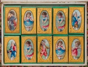 A rare ephemeral sewing box with a carte-de-visite portrait of Queen Victoria to the top, interior fitted with a complete set of ten gilt mounted card boxes each with a lithograph vignette portraits of children (originally to house needle packets), mid 19 - 2