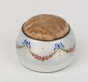 An exceptional Continental 925 silver and guilloche enamel needle case with additional gilt finished crown stopper to the interior; together with a fine quality ebony, silver and guilloche enamel glove stretcher and pin cushion, 19th century, (3 items), t - 3