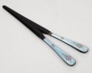 An exceptional Continental 925 silver and guilloche enamel needle case with additional gilt finished crown stopper to the interior; together with a fine quality ebony, silver and guilloche enamel glove stretcher and pin cushion, 19th century, (3 items), t - 4