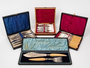 Antique silver plated fruit cutlery with mother of pearl handles in original walnut canteen, together with a boxed set of silver plated fish cutlery with bone handles, a silver plated fruit cutlery set with bone handles in box, and a boxed set of antique silver plated fish servers with ivory handles, 19th century, (4 items).