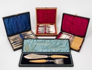 Antique silver plated fruit cutlery with mother of pearl handles in original walnut canteen, together with a boxed set of silver plated fish cutlery with bone handles, a silver plated fruit cutlery set with bone handles in box, and a boxed set of antique 